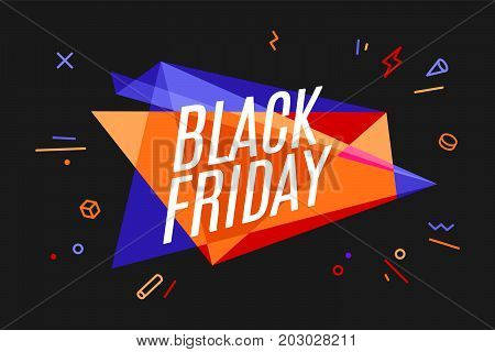 Banner with text Black Friday. Design element for sale theme, shop, market. Poster for sale and discount in memphis style on color and black background. Geometric graphic design. Vector Illustration
