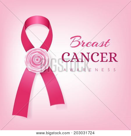 Breast cancer awareness card. Pink ribbon with rose flower decoration