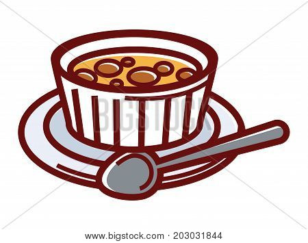 Sweet creme brulee in small container on plate with spoon isolated cartoon flat vector illustration on white background. Tender French dessert made of delicious custard with thin caramel crust.