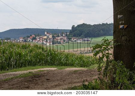 Schwandorf in bavaria the little village Neukirchen. Picture taken from a little mountain a few kilometers away