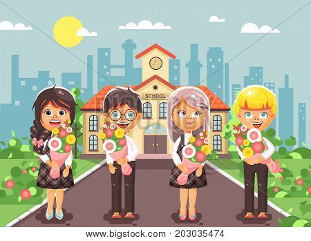 Stock vector illustration cartoon characters children schoolchildren classmates pupils students standing with bouquets flowers in front of building, knowledge day start study back to school flat style