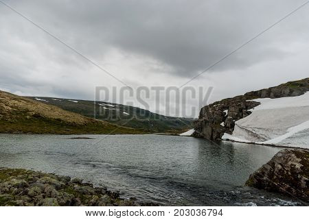 Mountain landscape along the National tourist route Aurlandstjellet. Flotane. Western Norway