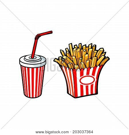 Vector sketch potato fry, french fries on striped red white paper box, soft cold drink disposable cup with straw and lid. Hand drawn cartoon isolated illustration on a white background.