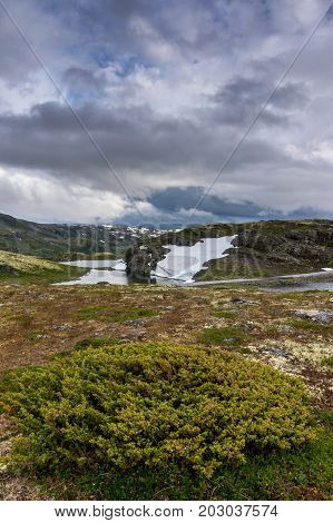 Mountain landscape along the National tourist route Aurlandstjellet. Flotane. Western Norway