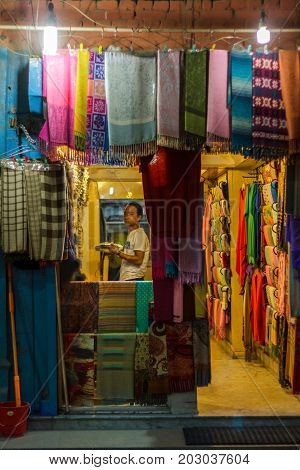 KATHMANDU NEPAL - 9/23/2015: A scarf shop in the Thamel district of Kathmandu Nepal.