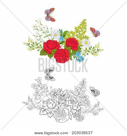 Bouquet with roses and daisies. Traditional European pattern. Stock line vector illustration. Outline hand drawing coloring page for adult coloring book with colored sample