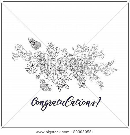 Bouquet with roses and daisies. Traditional European pattern. Stock line vector illustration. Outline hand drawing coloring page for adult coloring book.