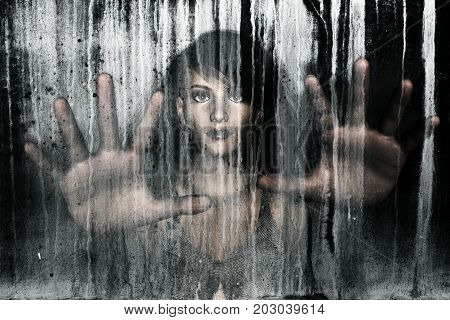 3d illustration of woman behind grunge background,Horror background,mixed media
