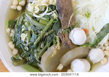 Vietnamse Noodle Soup, Served With Fresh Herbs At The Buddhist Eatery, Radish, Morning Glory, Shiita
