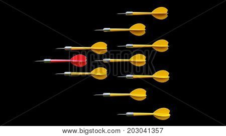 Leadership concept with red arrow leading among yellow on a blac kbackground
