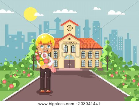 Stock vector illustration cartoon character child lonely boy blonde schoolboy, pupil, student standing with bouquet flowers in front of building knowledge day start study back to school flat style