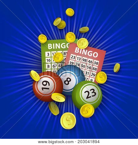vector flat bingo cartoon lottery tickets, lotto keno jackpot number balls and golden coins rain around. Illustration on a blue background. Sign of profit, casino design poster