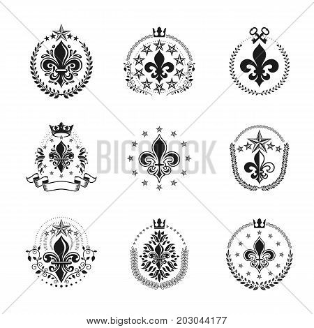 Lily Flowers Royal symbols emblems set. Heraldic Coat of Arms decorative logotypes isolated vector illustrations collection.