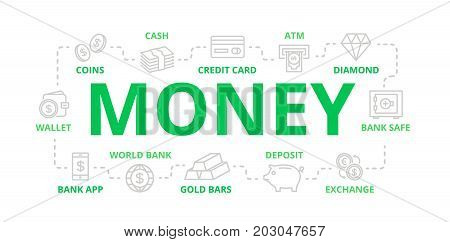 Vector money and bank thin line banner for design concept. Illustration for presentations on white background