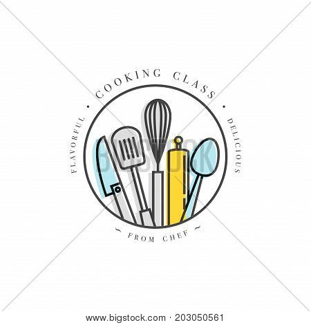 Cooking class linear design element, kitchen emblem, symbol, icon or food studio label. Cooking courses sign template or logo, identity, culinary school.