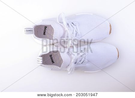 Kuala Lumpur, Malaysia - July 23, 2017: Rear view picture of a pair Adidas Original NMD R1 Gum Pack All White