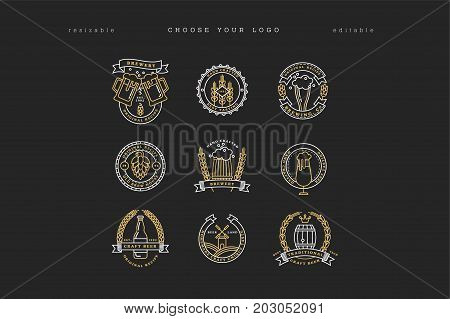 Set of linear golden brewery logos. Labels with bottles and hops. Vintage craft beer retro design elements, emblems, symbols, and icons or pub labels, badges collection. Beer business signs template