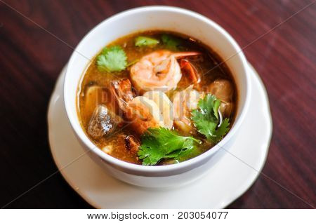 Shrimp Tom Yum, Mushroom, tomatoes, lemongrass, lime leave, galangal in Thai chili sour broth