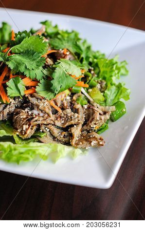 Nam Tok Spicy Beef Salad, Char-broiled tender slices of beef mixed with red onion, green onions, roasted rice, cilantro, chili powder & citrus leaves