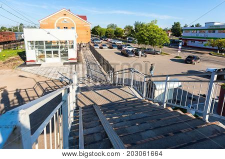 Okulovka Russia - August 17 2017: View of Rail Terminal and rail ways in summer sunny day. Okulovka - is a railway station on the October railway between Moscow and St. Petersburg