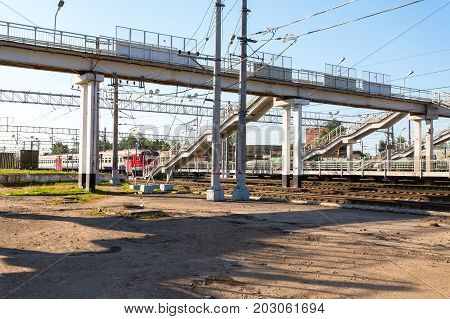 Okulovka Russia - August 17 2017: View of railway station in summer sunny day. Okulovka - is a railway station on the October railway between Moscow and St. Petersburg