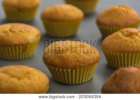 Tasty cupcakes on grey background homemade bakery products