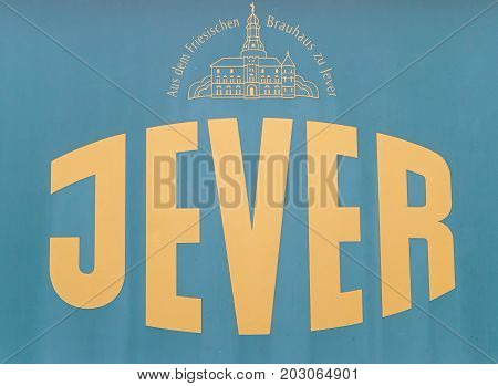 JEVER, GERMANY - JULY 18, 2017: Sign at the Jever pilsener beer brewery