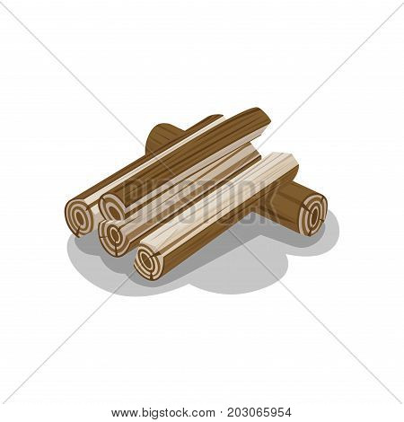 Neatly stacked firewood with shadow on white background. Elements to make fire. Outdoor pastime on nature. Firewood logs isolated vector illustration of natural materials used to make fire