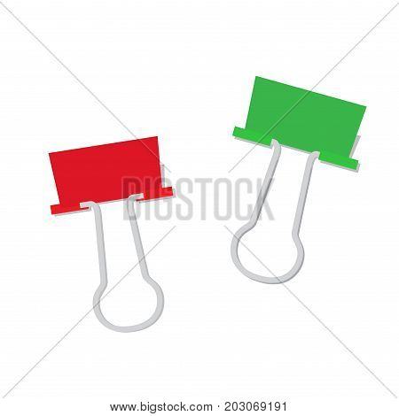 Metal paper clip of red and green color isolated on white background. Attach symbol realistic vector illustration. Fastener to hold papers together, fix accessory in flat design, attachment element