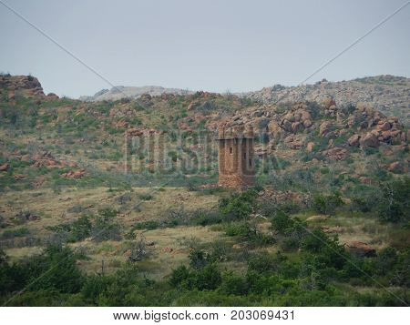 Jed Johnson Tower at the Wichita Mountains Wildlife Refuge in the southern part of Oklahoma overlooking Jed Johnson Lake