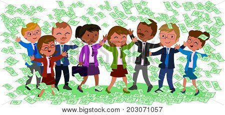 Rich business teamwork with a lot of dollar notes on white background, vector illustration