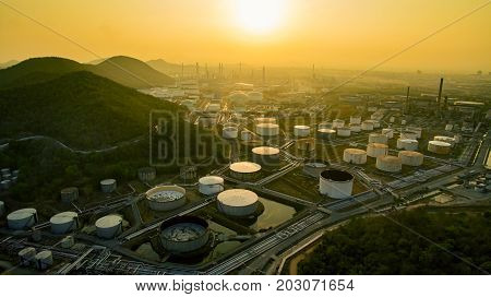 aerial view of oil storage tank in petrochemical industries plant