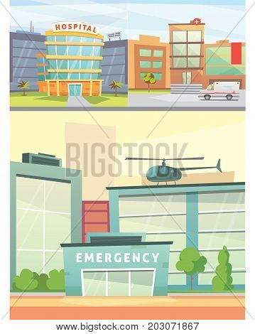 Hospital building cartoon modern vector illustration. Medical Clinic and city background. Emergency room exterior.
