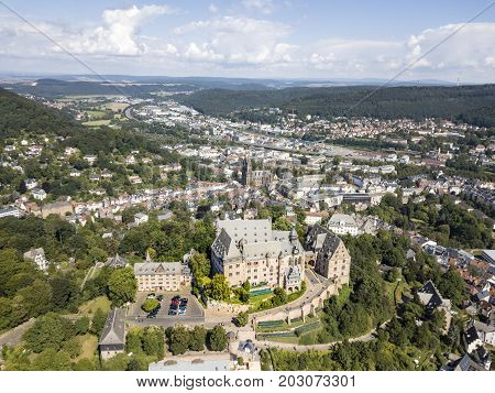 Aerial view over the old town of Marburg. Hesse Germany