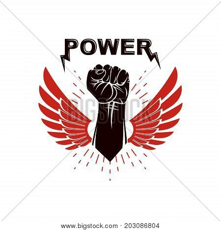 Raised strong clenched fist winged logo. Best fighter vector symbol champion concept.