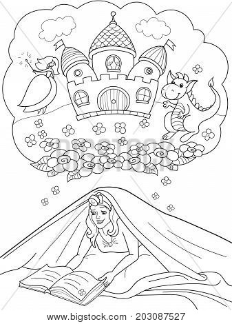 Girl Reading Book With Flashlight Under The Blanket On Bed vector. Bubble story about a princess, a dragon and a castle. Dreams.