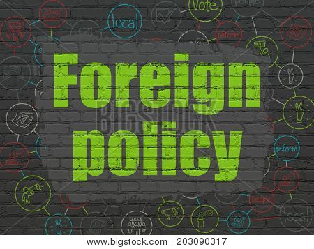 Politics concept: Painted green text Foreign Policy on Black Brick wall background with Scheme Of Hand Drawn Politics Icons