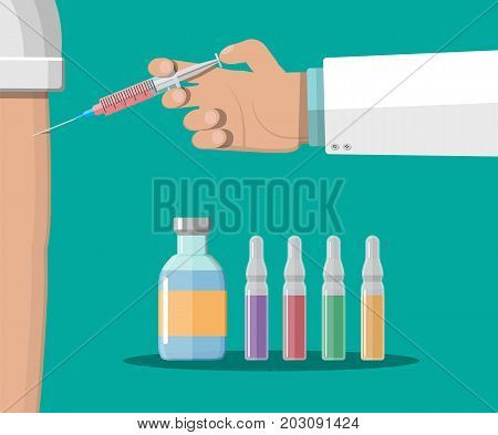 Doctor hand with syringe making vaccination of patient. Ampoule and syringe with medicament. Vaccination concept. Healthcare, hospital and medical diagnostics. Vector illustration in flat style