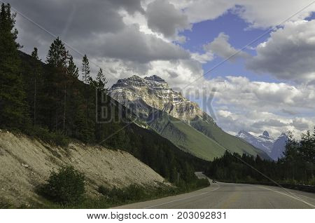 Driving the Icefields Parkway that goes through Banff and Jasper National Parks in Alberta, Canada