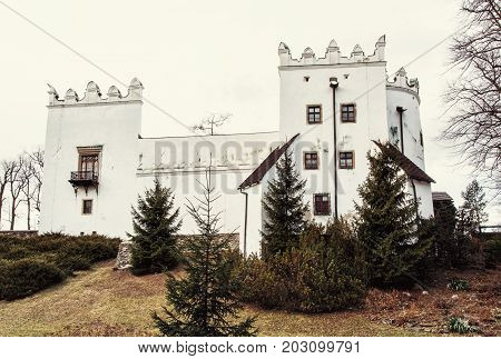 Beautiful chateau Strazky Slovak republic. Cultural heritage. Architectural theme. Old photo filter.