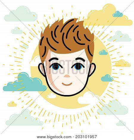 Boy face vector human head illustration portrait. Red-haired teenager expressing positive emotions.