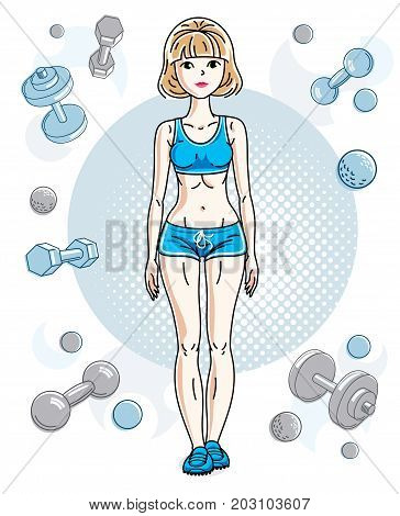 Young beautiful blonde athletic woman posing on simple background with dumbbells and barbells. Vector illustration of attractive female. Active and healthy lifestyle theme cartoon.