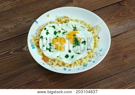 sheshryanch eggs plov. Azerbaijani cuisine dish close up traditional meal