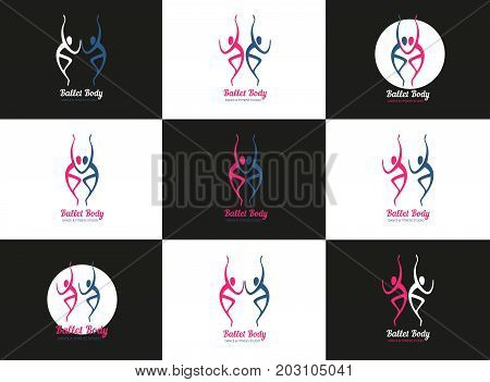 Dance concept. Set of icons. Ballet studio logo design template. Fitness dance class banner background with symbol of abstract people ballerina dancer in dancing poses. Vector illustration.