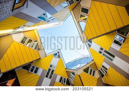 ROTTERDAM, NETHERLANDS - August 06, 2017: View from below on the famous cube house designed by architect Piet Blom in Rotterdam
