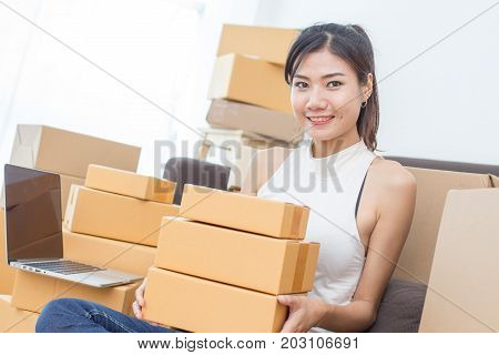 Young Asian Woman Working At Home, Young Owner Woman Start Up For Business Online, Sme, Delivery Pro