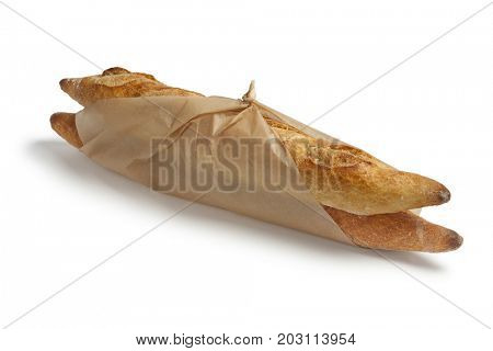 Two French baguettes parisienne on white background