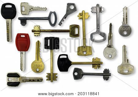 Set of many different keys isolated on white background.