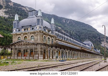 Canfranc Spain - August 30 2017: Abandoned railway station of Canfranc Huesca Spain