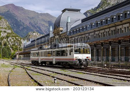 Canfranc Spain - August 30 2017: Abandoned railway station of Canfranc Huesca Spain